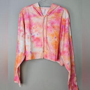 NWOT Wavvy Women's Pink and Orange Tie-Dye Cropped Zip-Up Hoodie, 3X